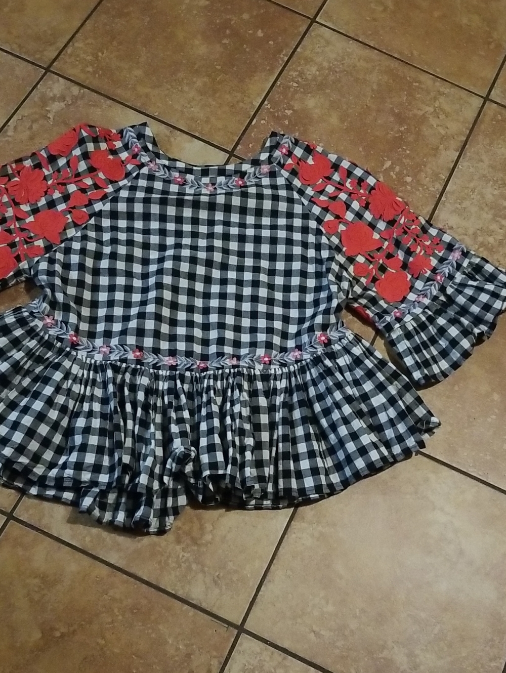 Black & White Gingham Peplum Blouse with Coral Floral Sleeves